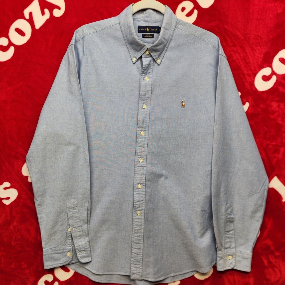 Polo Ralph Lauren Mens XXL Slim Fit Stretch Oxford Button Down Shirt Blue Pony - Picture 2 of 8